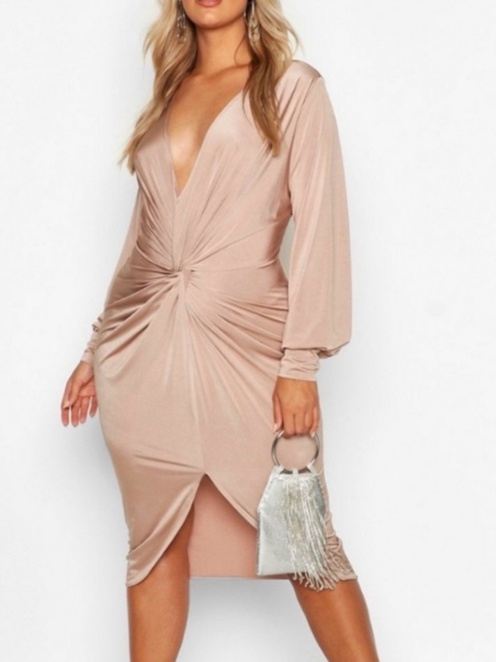 Boohoo Blush Plunge Twist Midi Dress with Long Sleeves